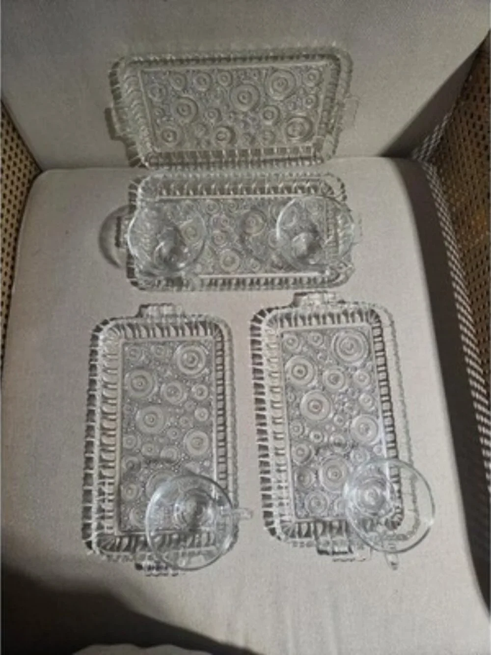 Vintage Anchor Hocking Colonial Lady Snack Set 4 Trays 4 Cups MCM Clear Glass
